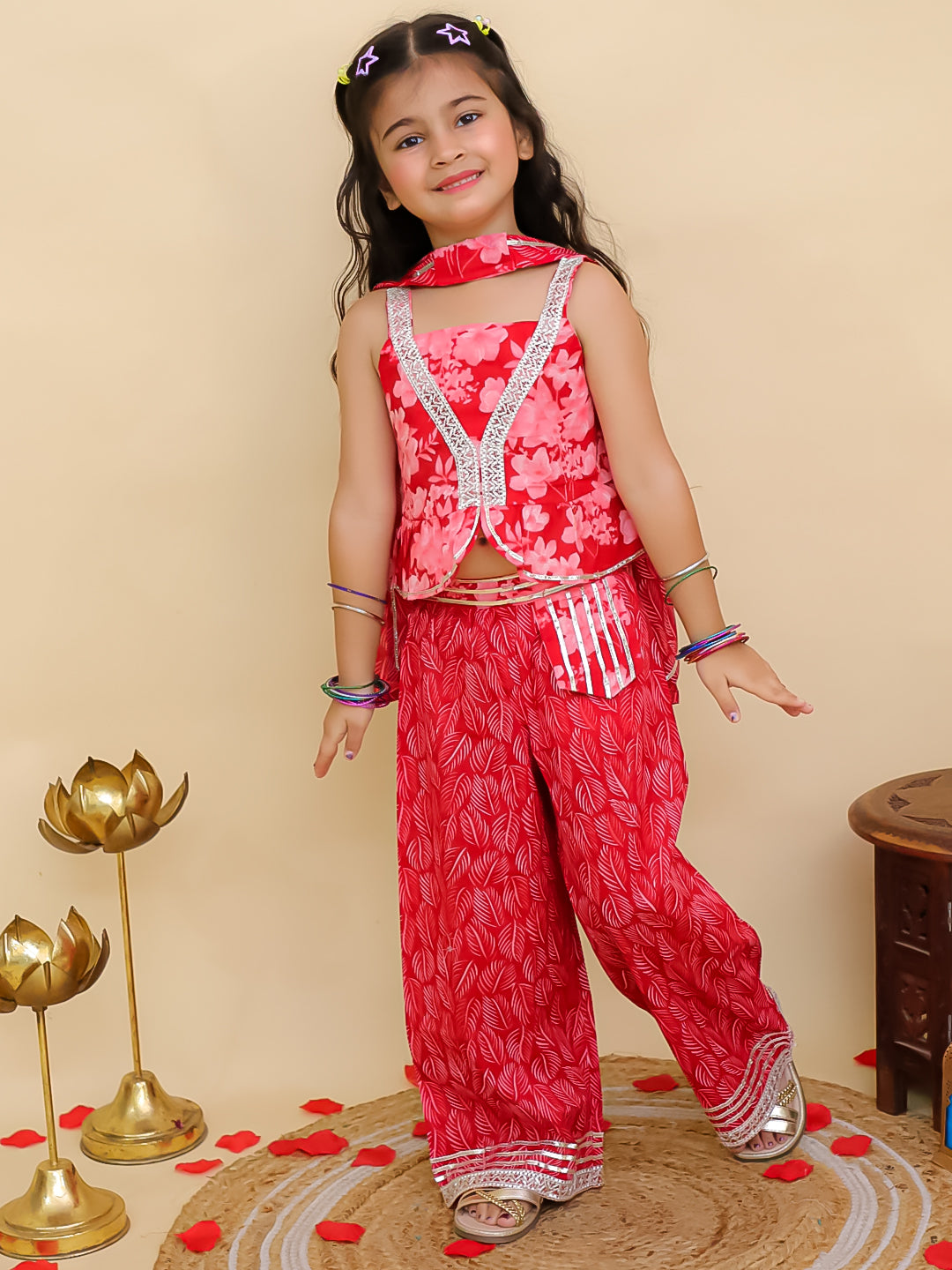 Boys Red Cotton Full sleeves Floral Print Kurta Pyjama Set and Red Cotton Sleeveless Floral Printed Girls Co-Ords - Sibling Set