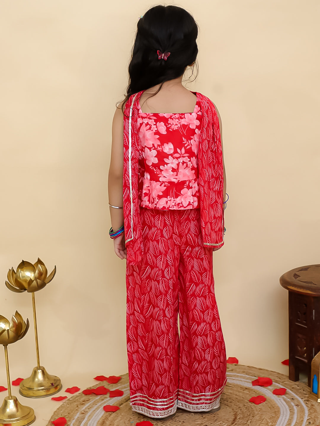 Boys Red Cotton Full sleeves Floral Print Kurta Pyjama Set and Red Cotton Sleeveless Floral Printed Girls Co-Ords - Sibling Set