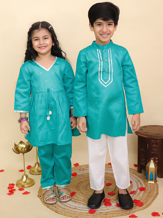 Boys Blue Cotton Full sleeves Solid Kurta Pyjama Set and Blue Cotton 3/4th Sleeves Solid Girls Suit Set - Sibling Set