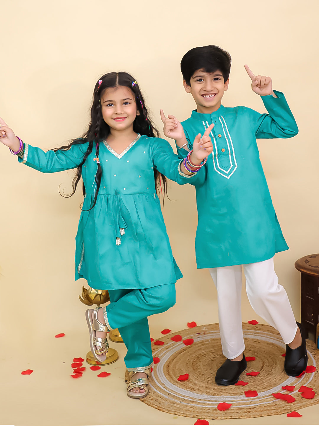 Boys Blue Cotton Full sleeves Solid Kurta Pyjama Set and Blue Cotton 3/4th Sleeves Solid Girls Suit Set - Sibling Set