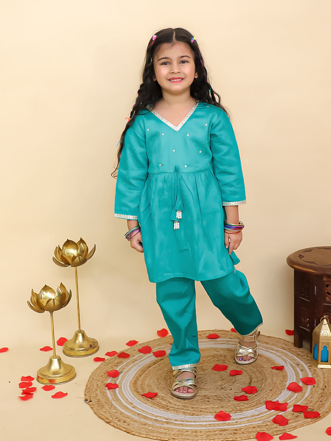 Boys Blue Cotton Full sleeves Solid Kurta Pyjama Set and Blue Cotton 3/4th Sleeves Solid Girls Suit Set - Sibling Set
