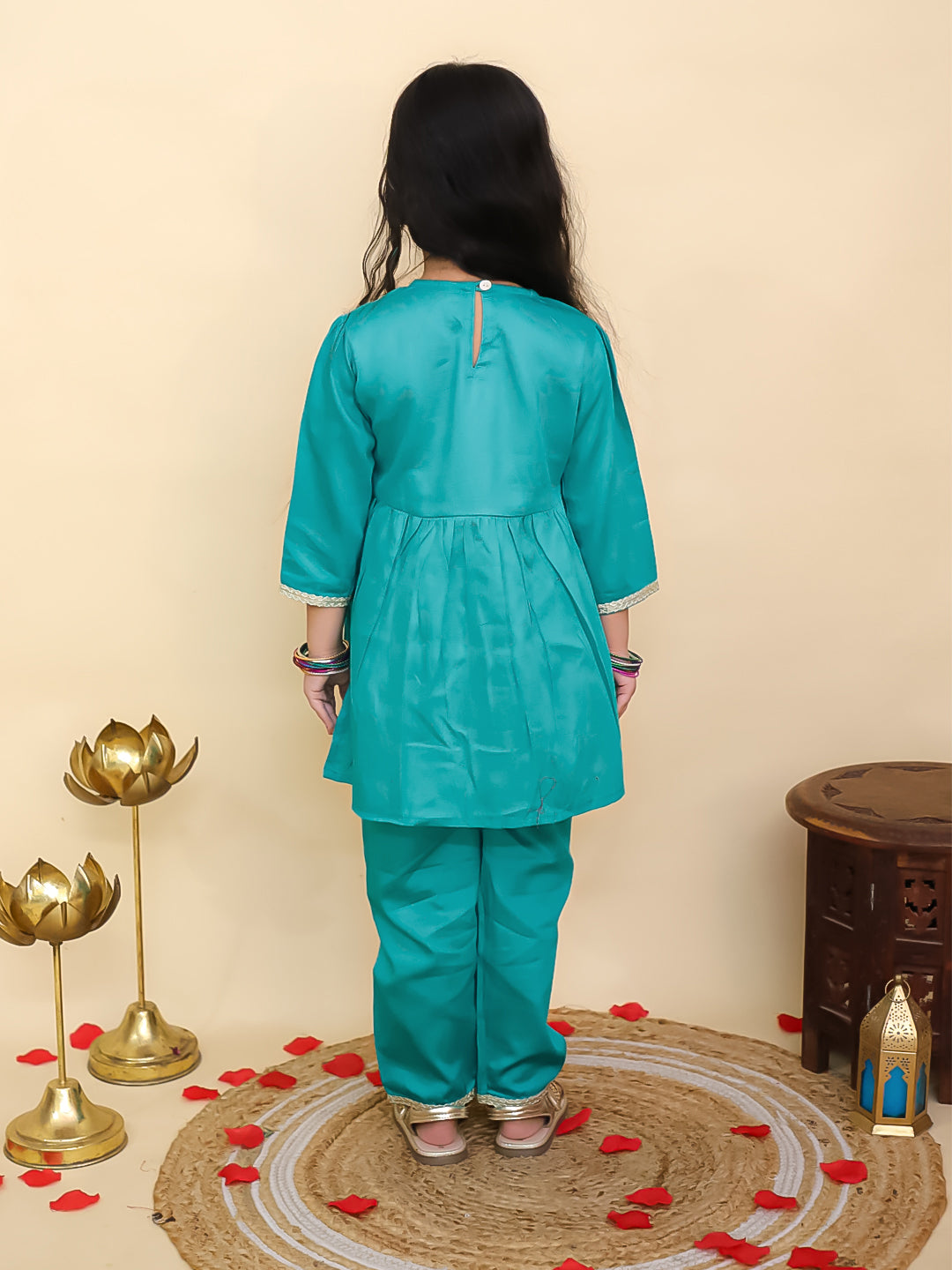 Boys Blue Cotton Full sleeves Solid Kurta Pyjama Set and Blue Cotton 3/4th Sleeves Solid Girls Suit Set - Sibling Set