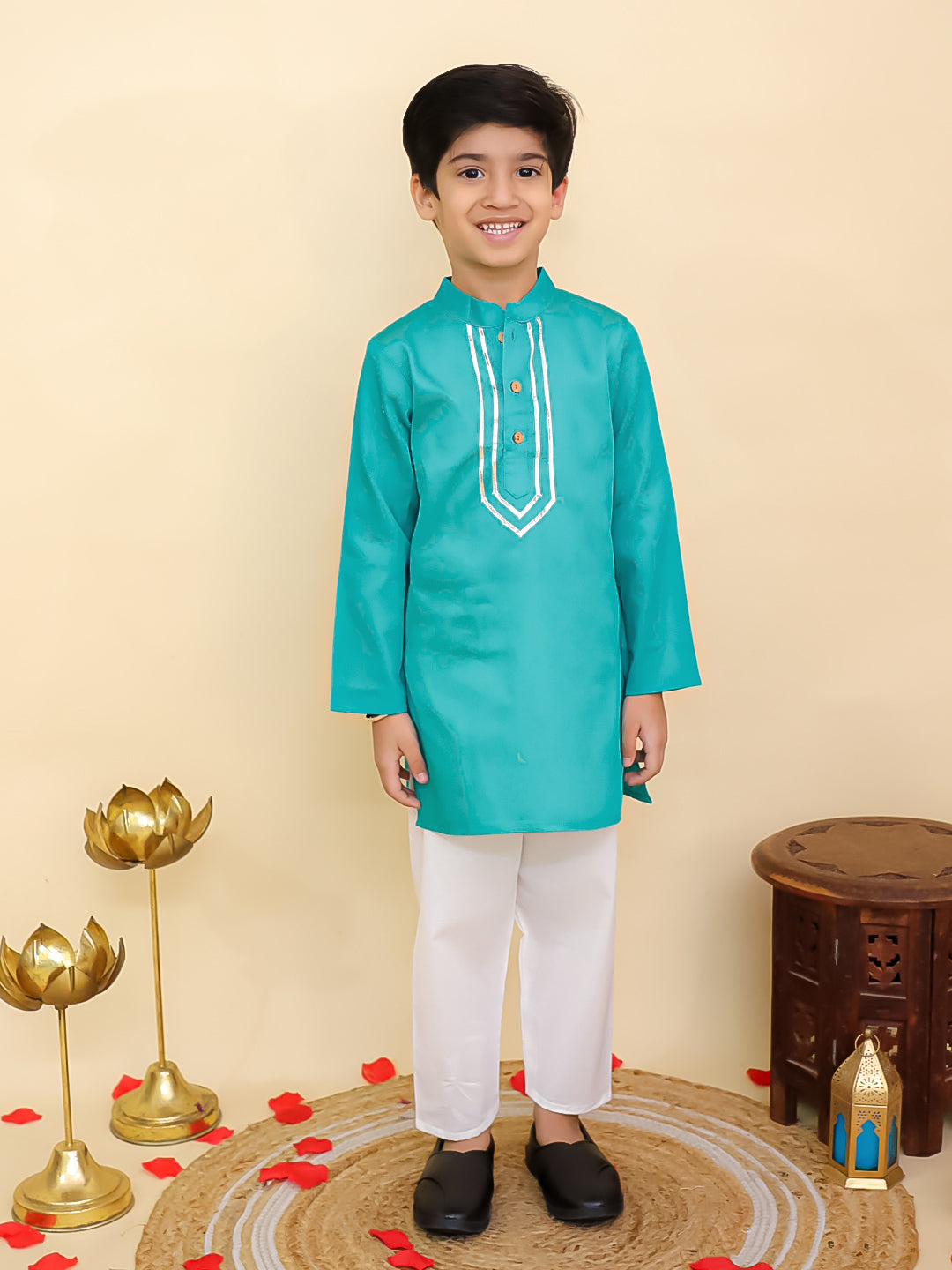 Boys Blue Cotton Full sleeves Solid Kurta Pyjama Set and Blue Cotton 3/4th Sleeves Solid Girls Suit Set - Sibling Set
