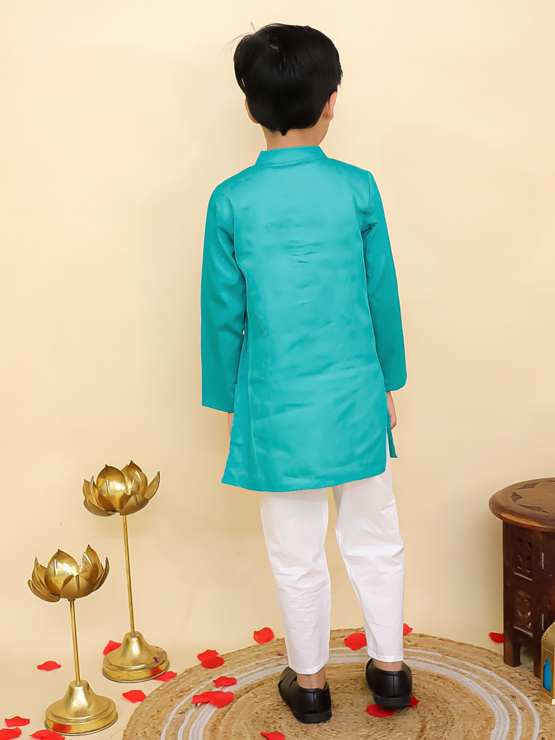 Boys Blue Cotton Full sleeves Solid Kurta Pyjama Set and Blue Cotton 3/4th Sleeves Solid Girls Suit Set - Sibling Set