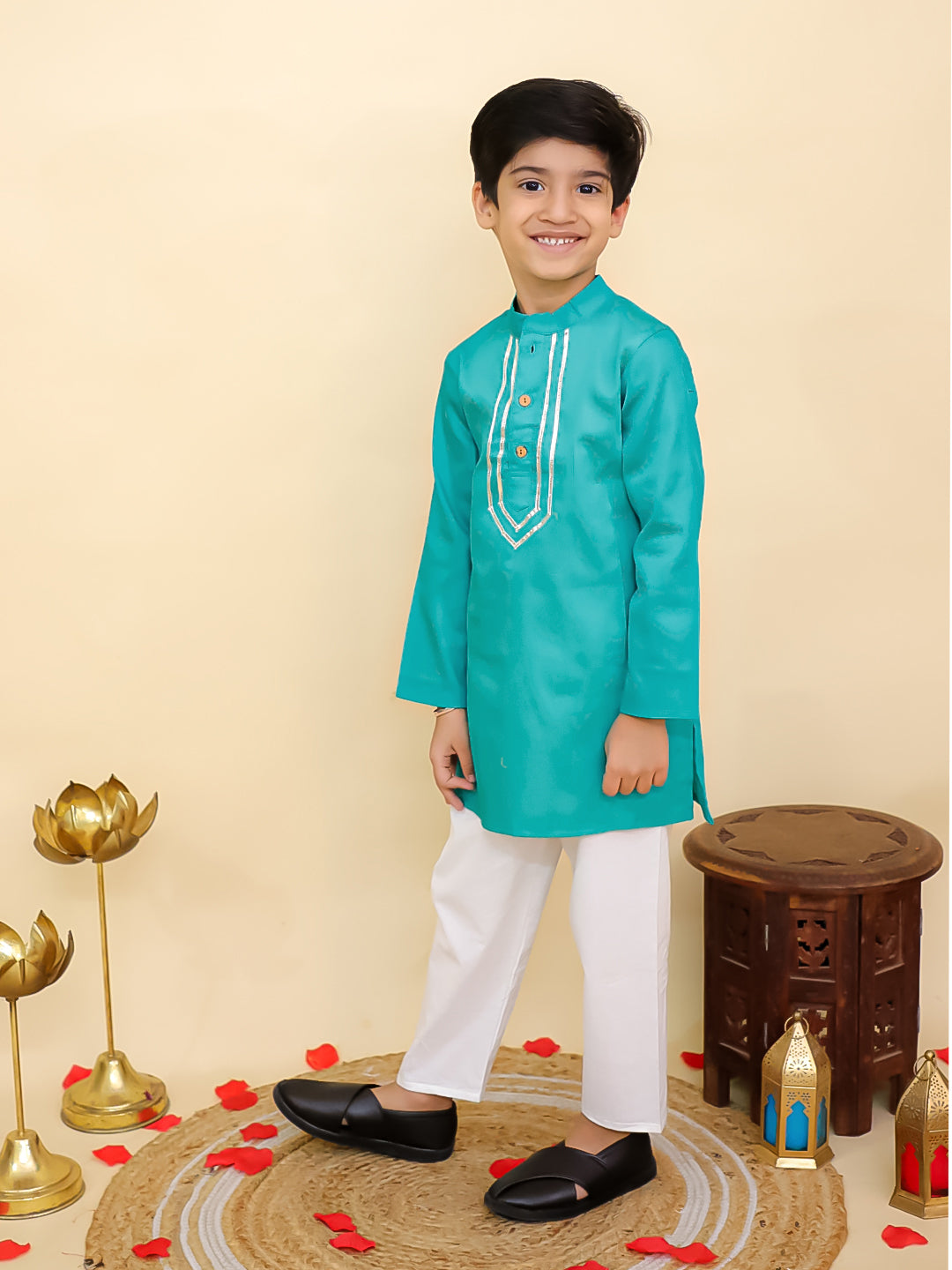 Boys Blue Cotton Full sleeves Solid Kurta Pyjama Set and Blue Cotton 3/4th Sleeves Solid Girls Suit Set - Sibling Set
