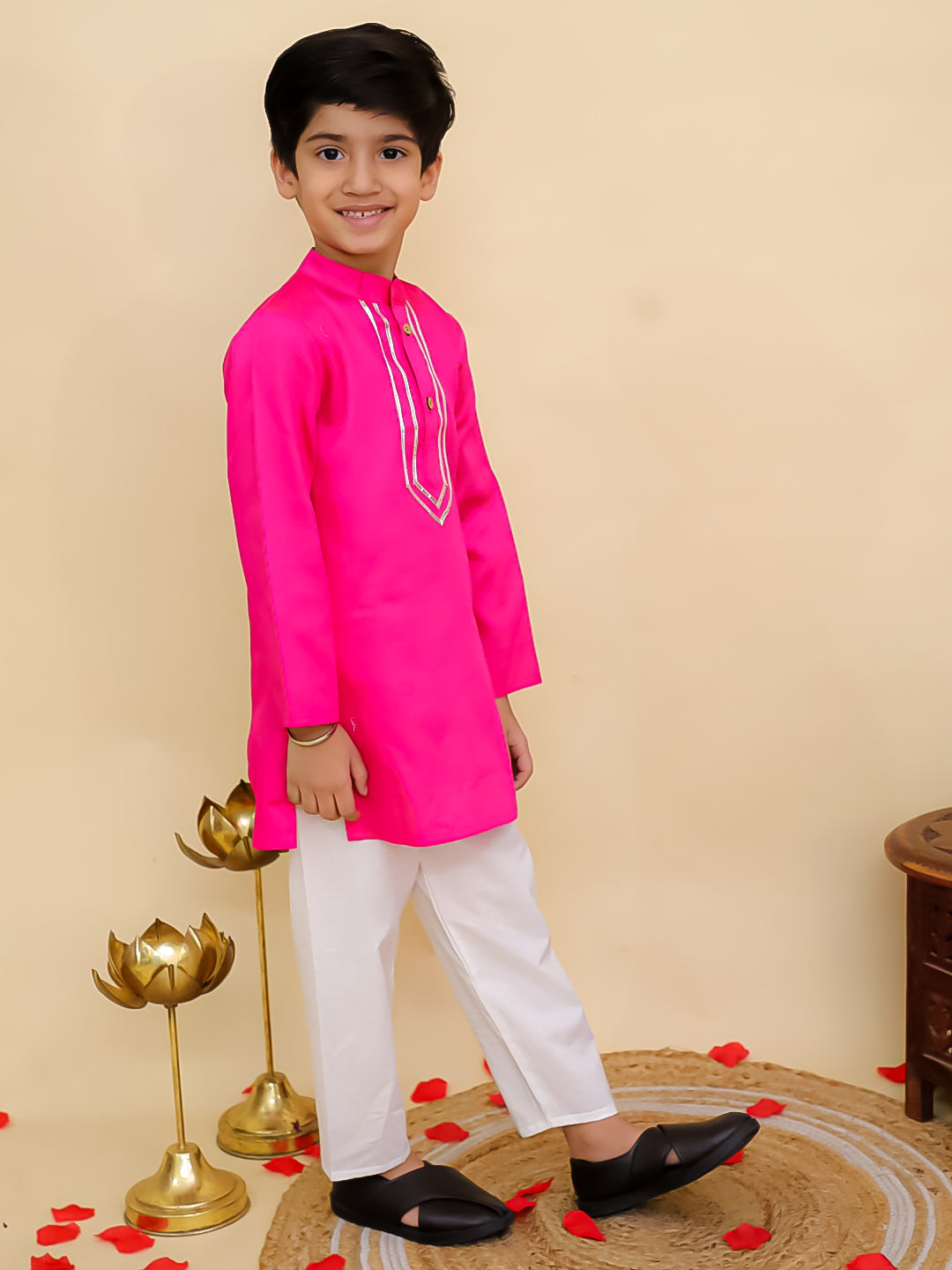 Pink Cotton Full sleeves Solid Kurta Pyjama Set