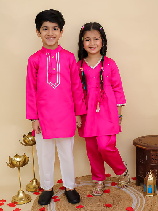 Boys Pink Cotton Full sleeves Solid Kurta Pyjama Set and Pink Cotton 3/4th Sleeves Solid Girls Suit Set - Sibling Set
