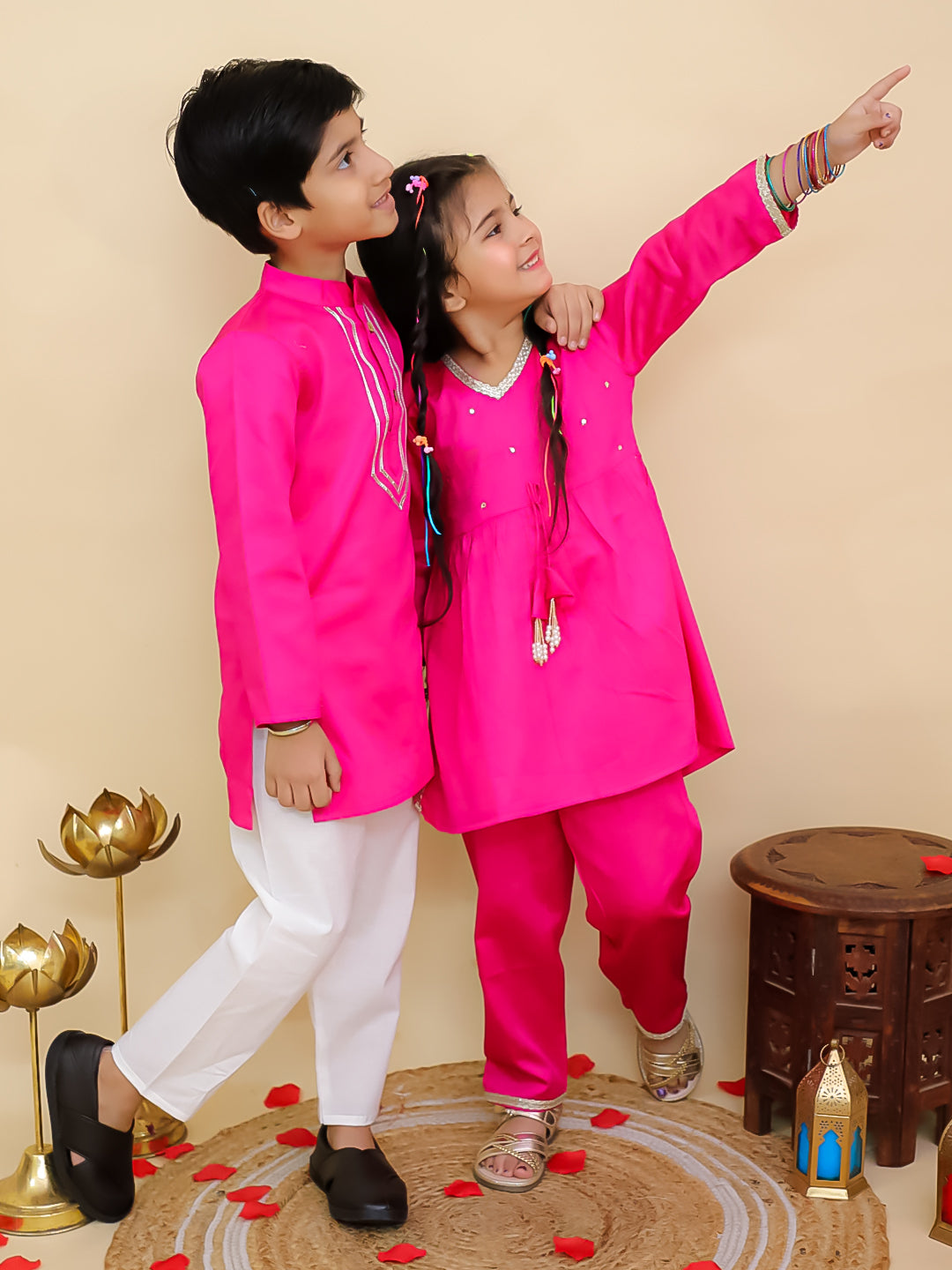 Boys Pink Cotton Full sleeves Solid Kurta Pyjama Set and Pink Cotton 3/4th Sleeves Solid Girls Suit Set - Sibling Set