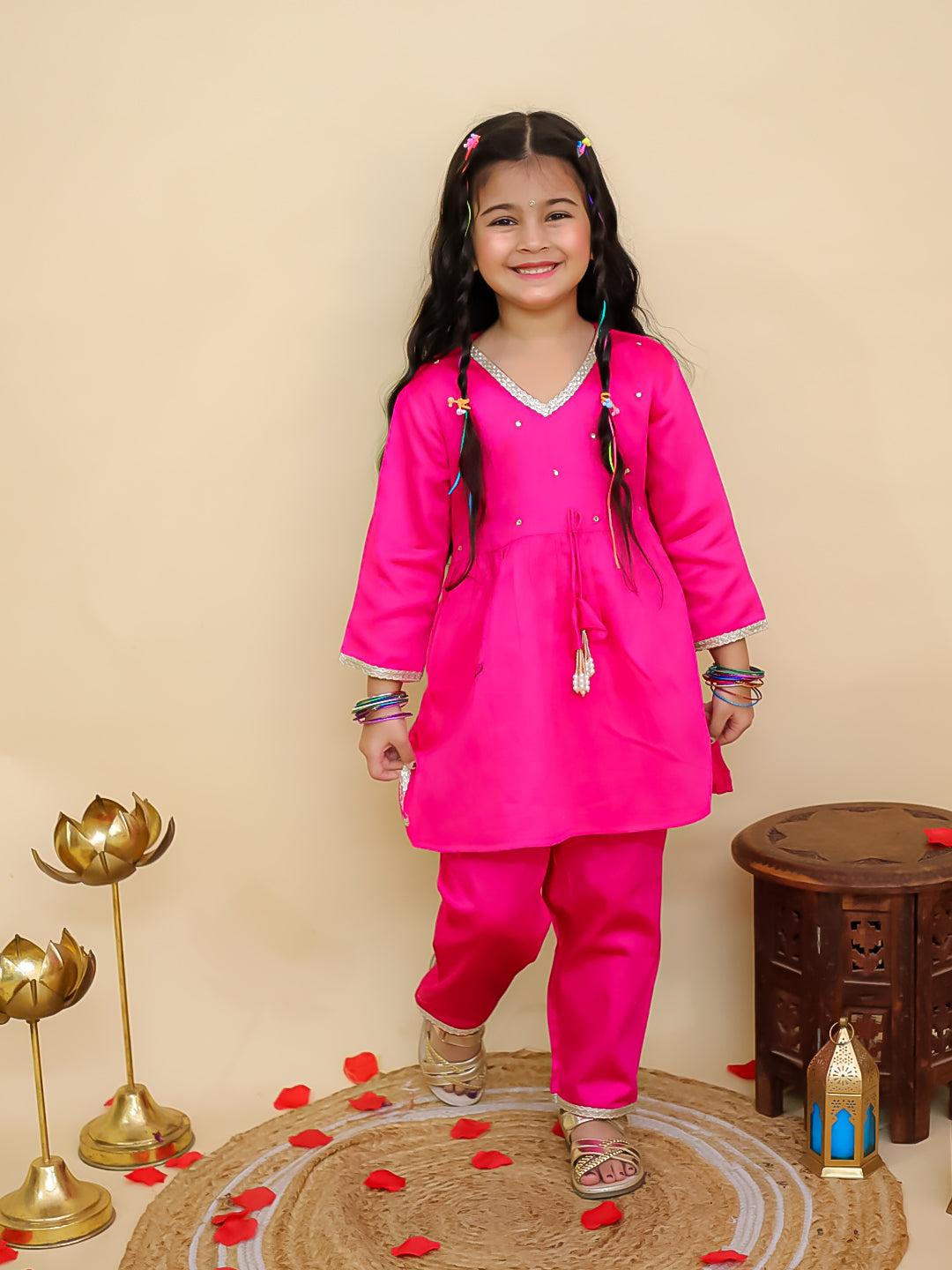 Boys Pink Cotton Full sleeves Solid Kurta Pyjama Set and Pink Cotton 3/4th Sleeves Solid Girls Suit Set - Sibling Set