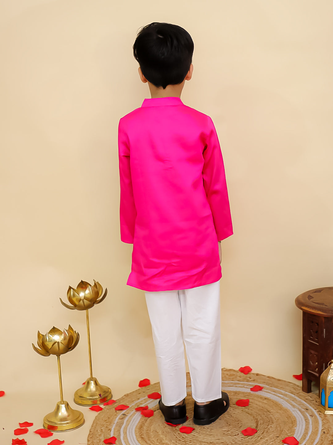 Boys Pink Cotton Full sleeves Solid Kurta Pyjama Set and Pink Cotton 3/4th Sleeves Solid Girls Suit Set - Sibling Set