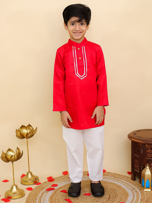 AJ Dezines Red Cotton Full sleeves Solid Kurta Pyjama Set