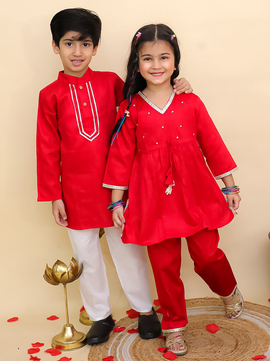Boys Red Cotton Full sleeves Solid Kurta Pyjama Set and Red Cotton 3/4th Sleeves Solid Girls Suit Set - Sibling Set