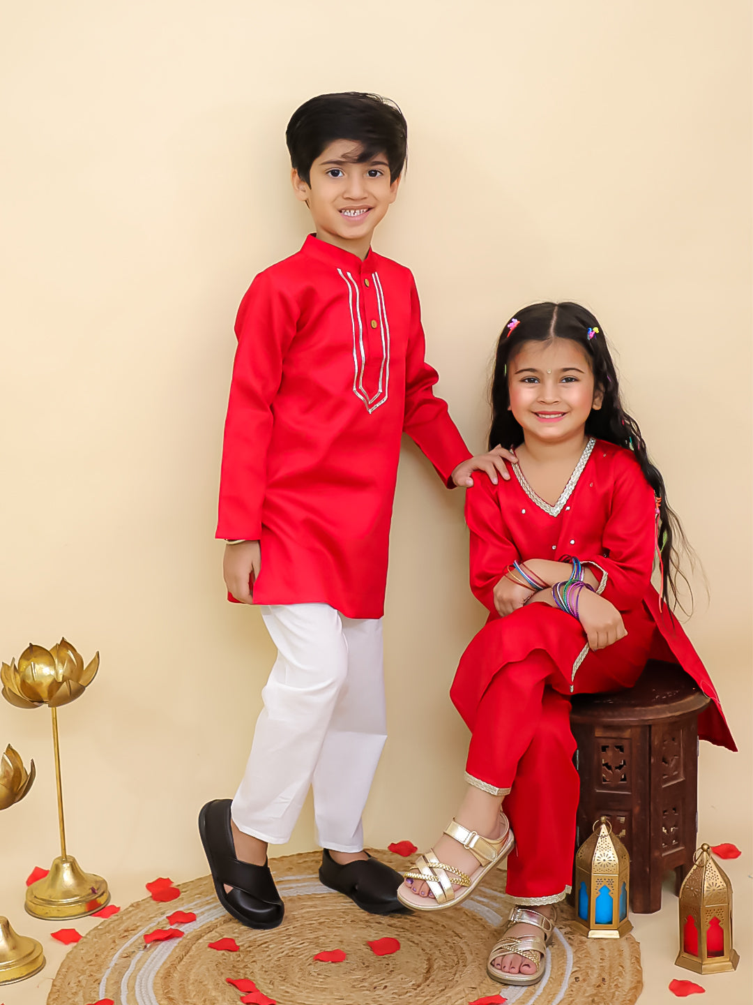 Boys Red Cotton Full sleeves Solid Kurta Pyjama Set and Red Cotton 3/4th Sleeves Solid Girls Suit Set - Sibling Set