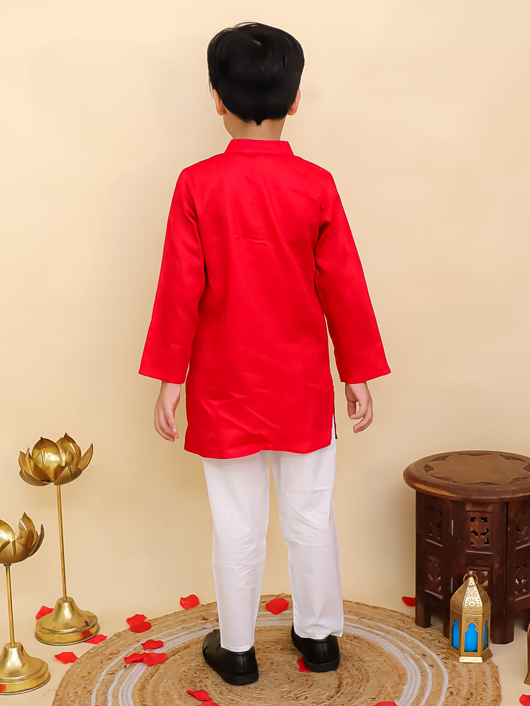 Boys Red Cotton Full sleeves Solid Kurta Pyjama Set and Red Cotton 3/4th Sleeves Solid Girls Suit Set - Sibling Set