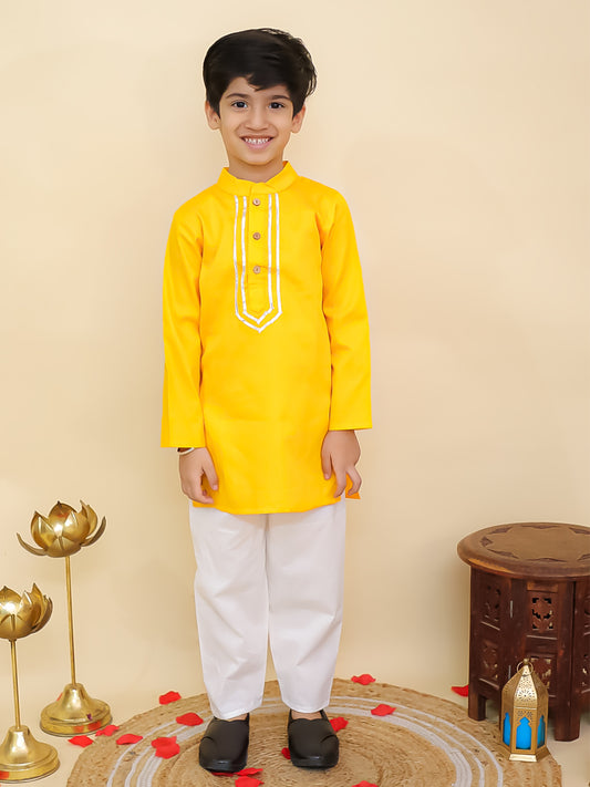 AJ Dezines Yellow Cotton Full sleeves Solid Kurta Pyjama Set