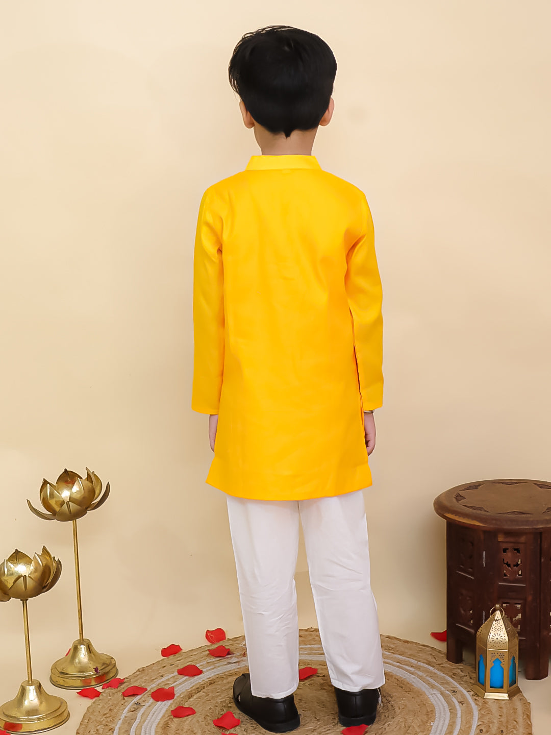 AJ Dezines Yellow Cotton Full sleeves Solid Kurta Pyjama Set