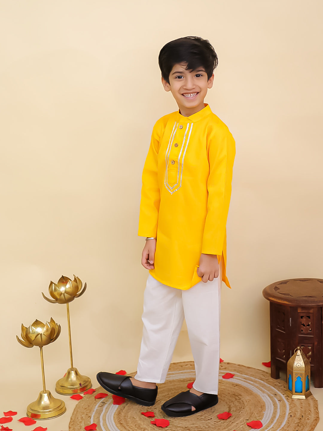 Yellow Cotton Full sleeves Solid Kurta Pyjama Set
