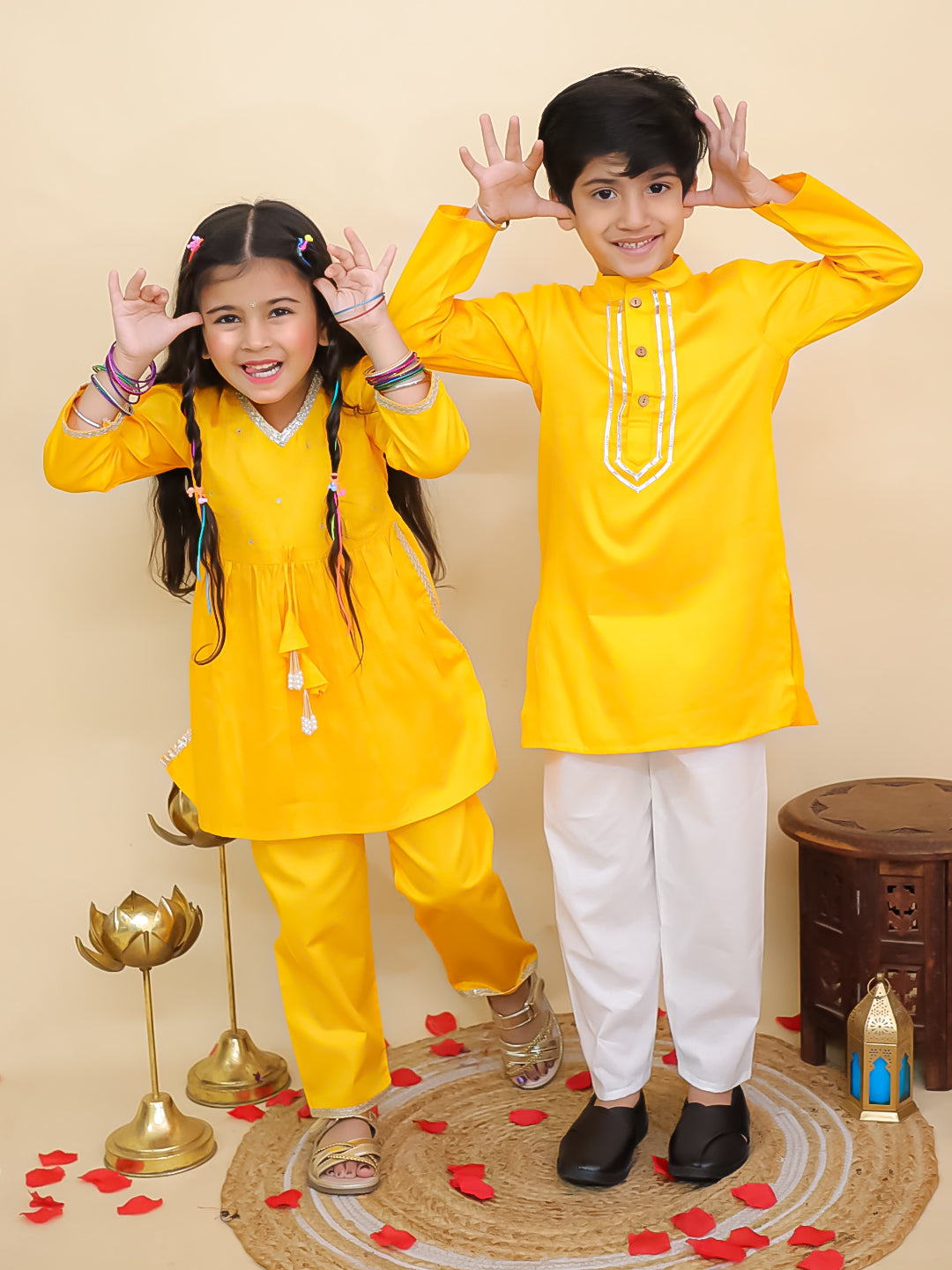 Boys Yellow Cotton Full sleeves Solid Kurta Pyjama Set and Yellow Cotton 3/4th Sleeves Solid Girls Suit Set - Sibling Set