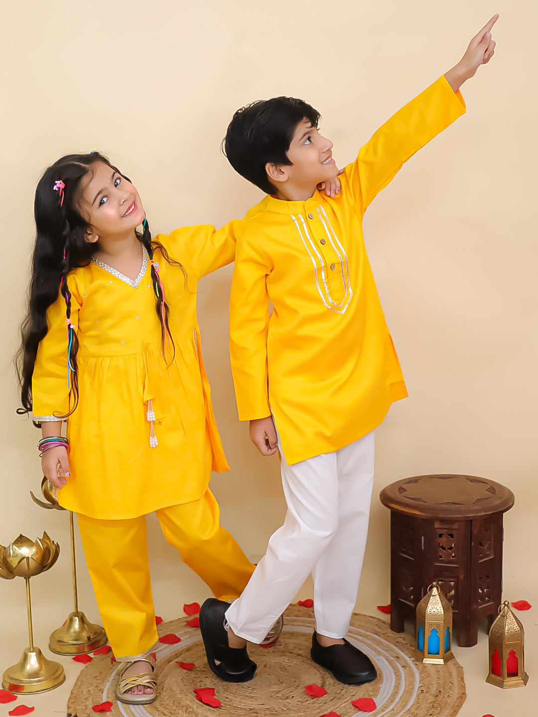 Boys Yellow Cotton Full sleeves Solid Kurta Pyjama Set and Yellow Cotton 3/4th Sleeves Solid Girls Suit Set - Sibling Set