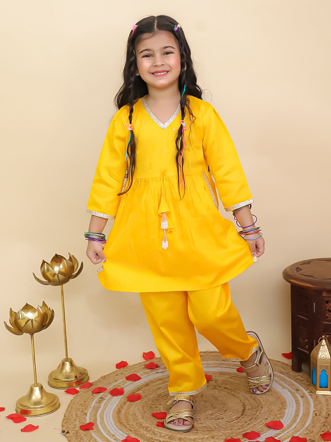 Boys Yellow Cotton Full sleeves Solid Kurta Pyjama Set and Yellow Cotton 3/4th Sleeves Solid Girls Suit Set - Sibling Set
