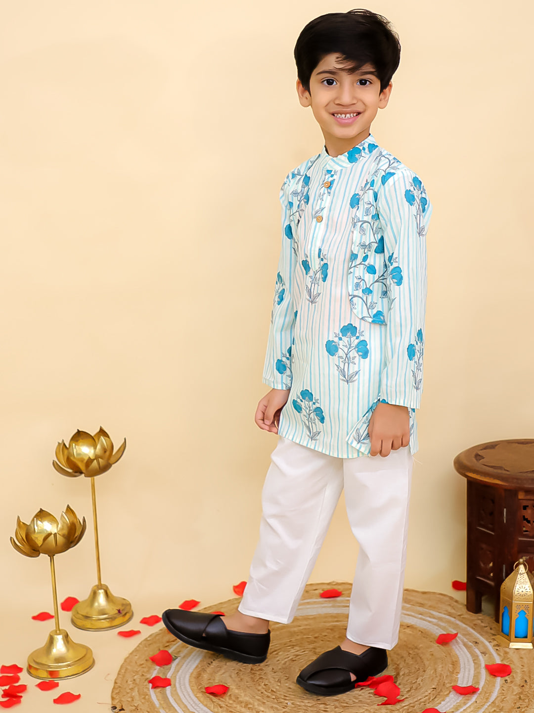 AJ Dezines Blue Cotton Full sleeves Floral Print Kurta Pyjama Set