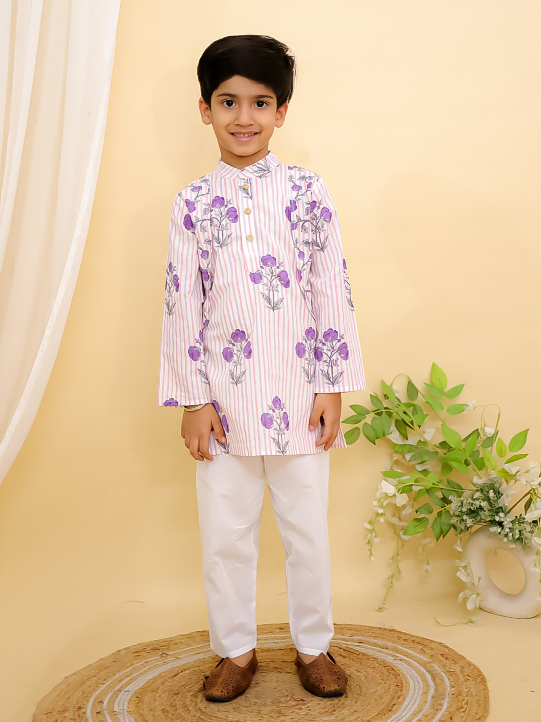 AJ Dezines Purple Cotton Full sleeves Floral Print Kurta Pyjama Set