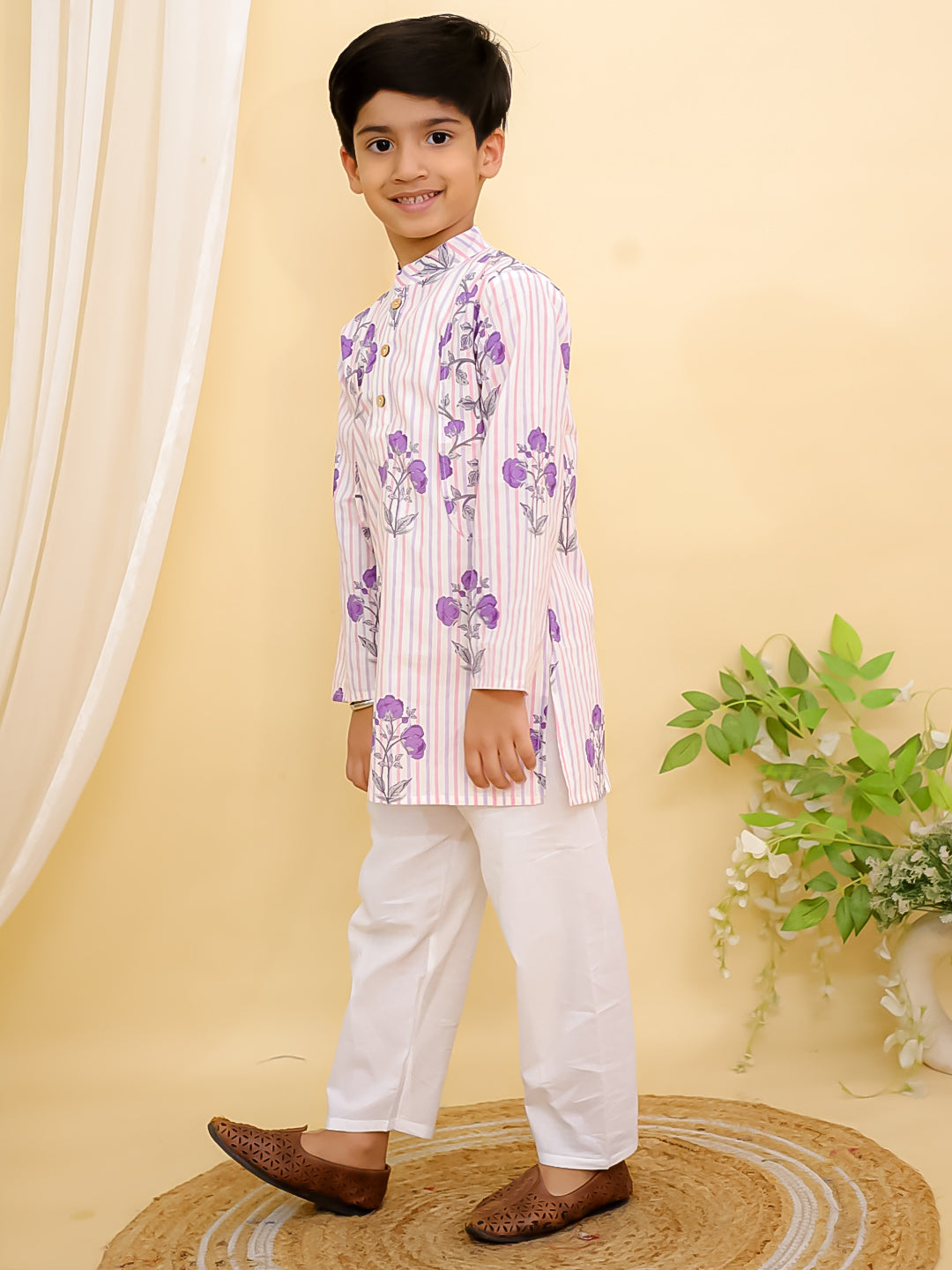Purple Cotton Full sleeves Floral Print Kurta Pyjama Set
