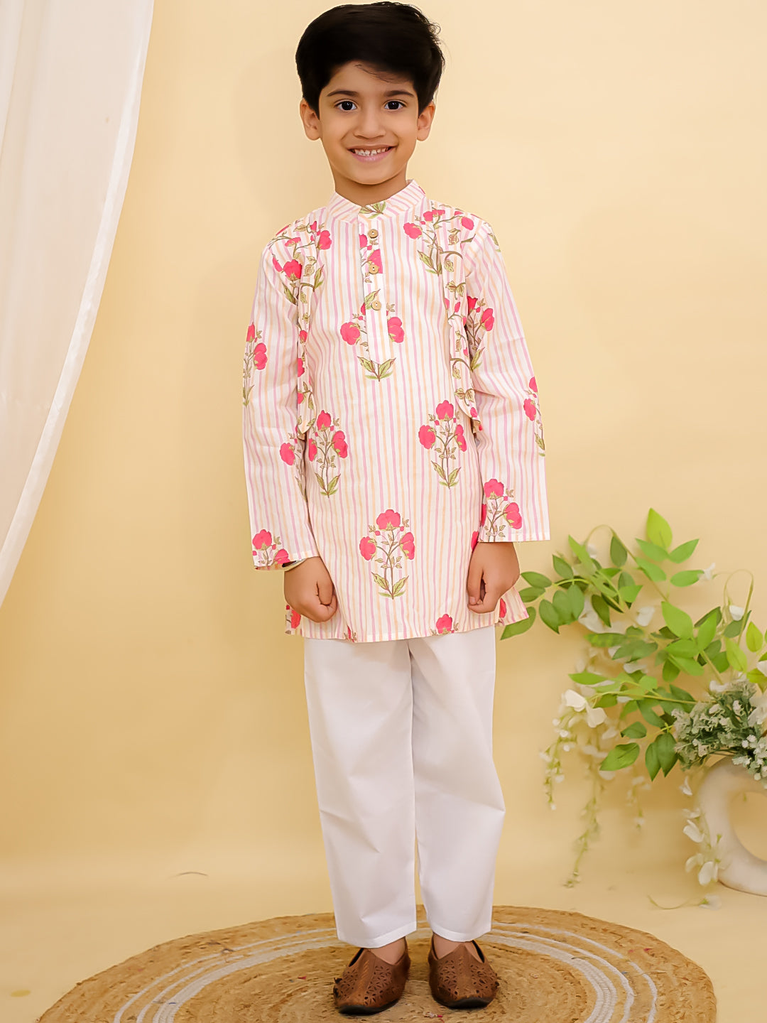 AJ Dezines Red Cotton Full sleeves Floral Print Kurta Pyjama Set