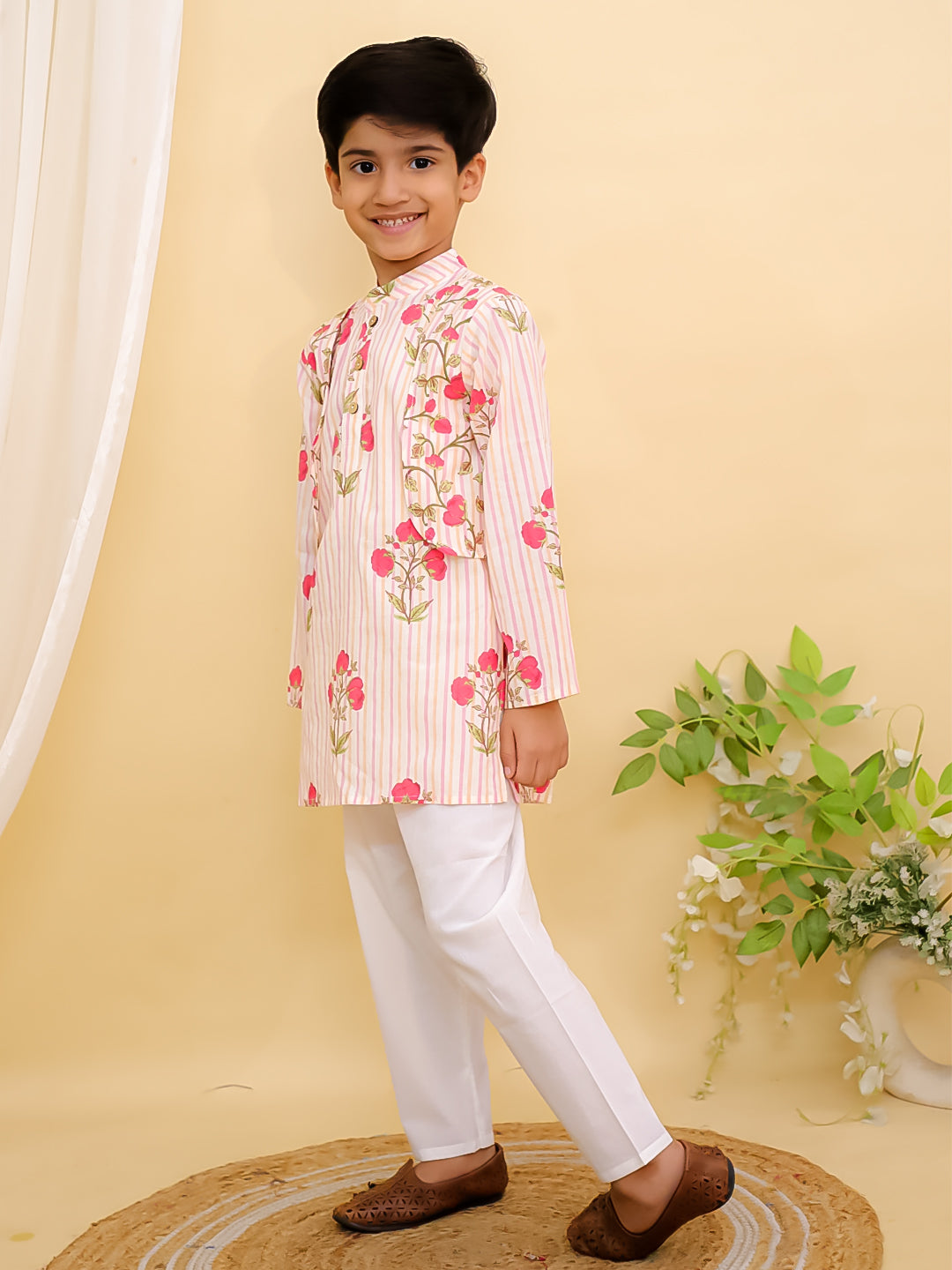 AJ Dezines Red Cotton Full sleeves Floral Print Kurta Pyjama Set