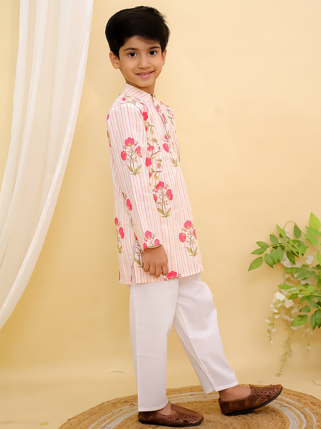 AJ Dezines Red Cotton Full sleeves Floral Print Kurta Pyjama Set