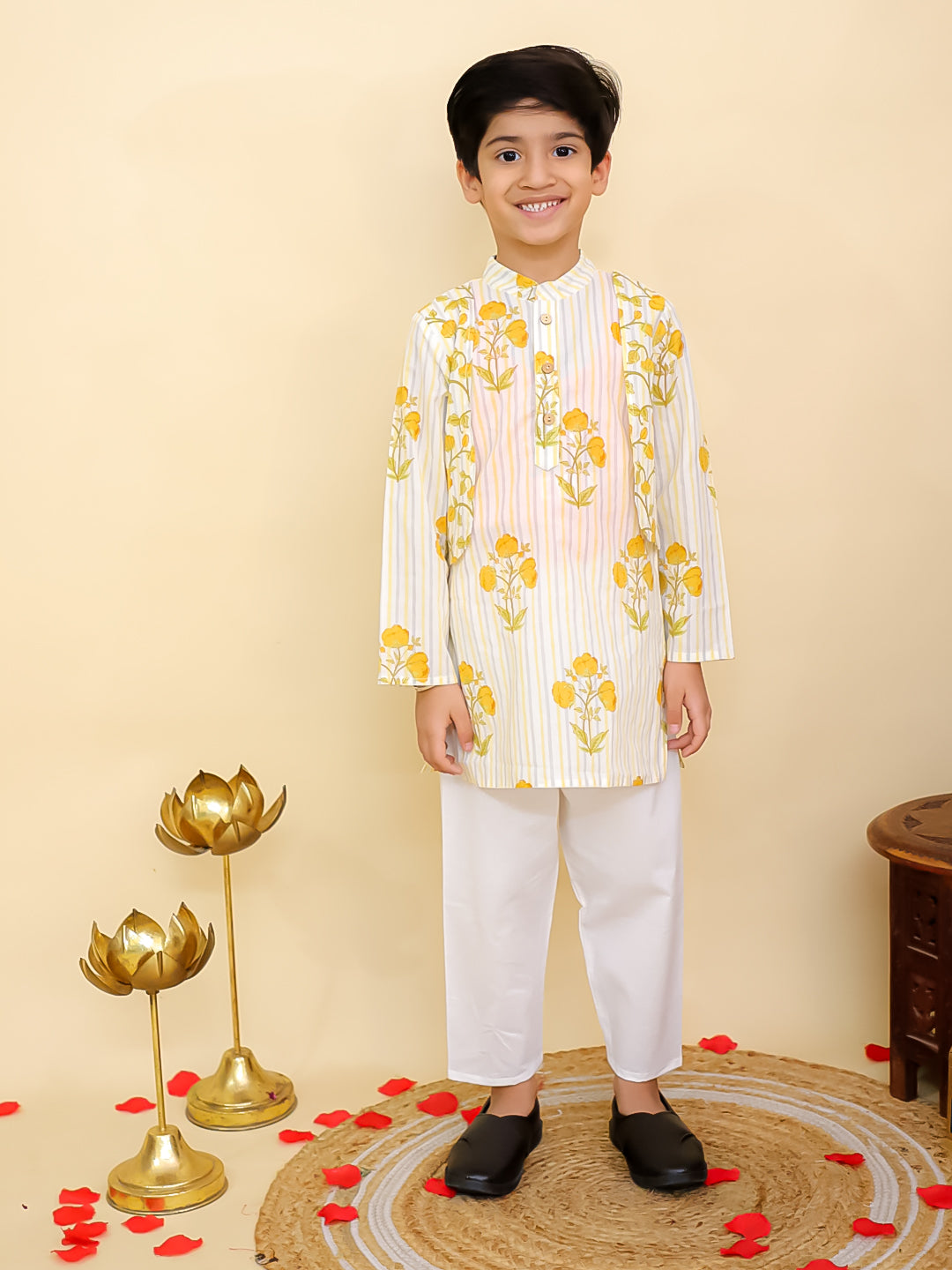 Mustard Cotton Full sleeves Floral Print Kurta Pyjama Set