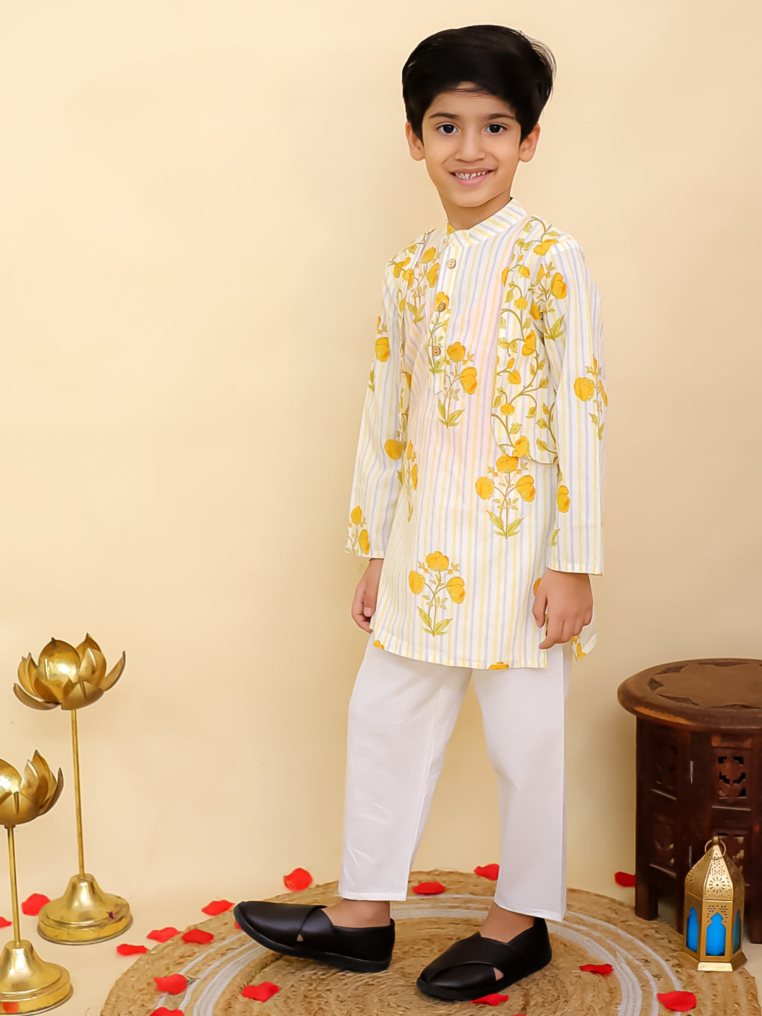 AJ Dezines Mustard Cotton Full sleeves Floral Print Kurta Pyjama Set