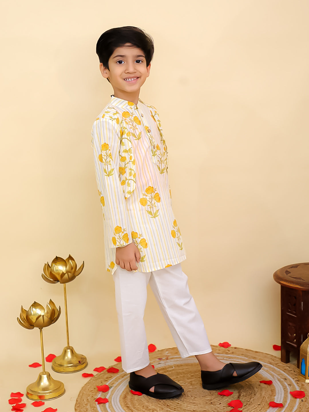 AJ Dezines Mustard Cotton Full sleeves Floral Print Kurta Pyjama Set
