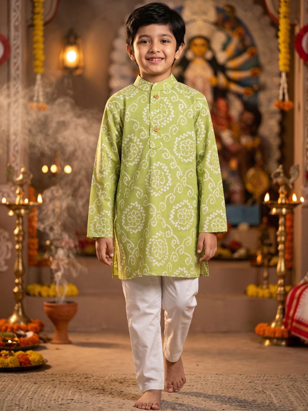 Green Cotton Full sleeves Floral Print Kurta Pyjama Set