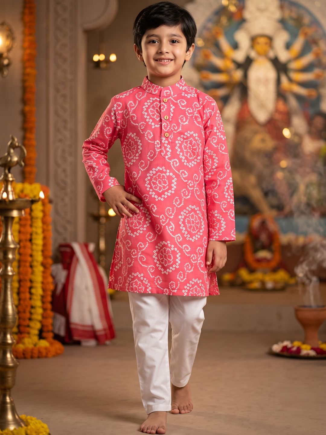 Red Cotton Full sleeves Floral Print Kurta Pyjama Set