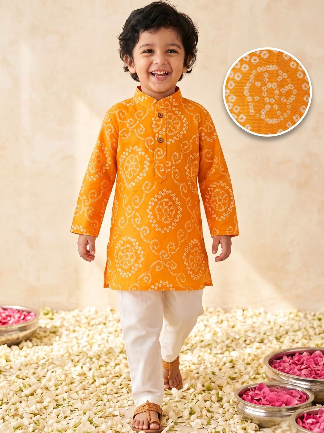 Kids Boys Yellow Cotton Full sleeves Floral Print Kurta Pyjama Set