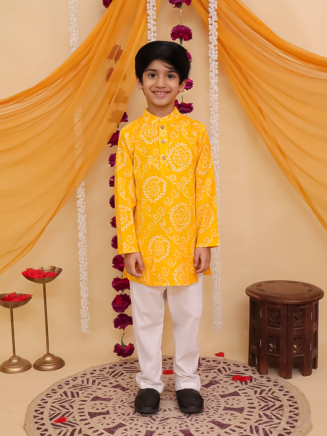 Kids Boys Yellow Cotton Full sleeves Floral Print Kurta Pyjama Set