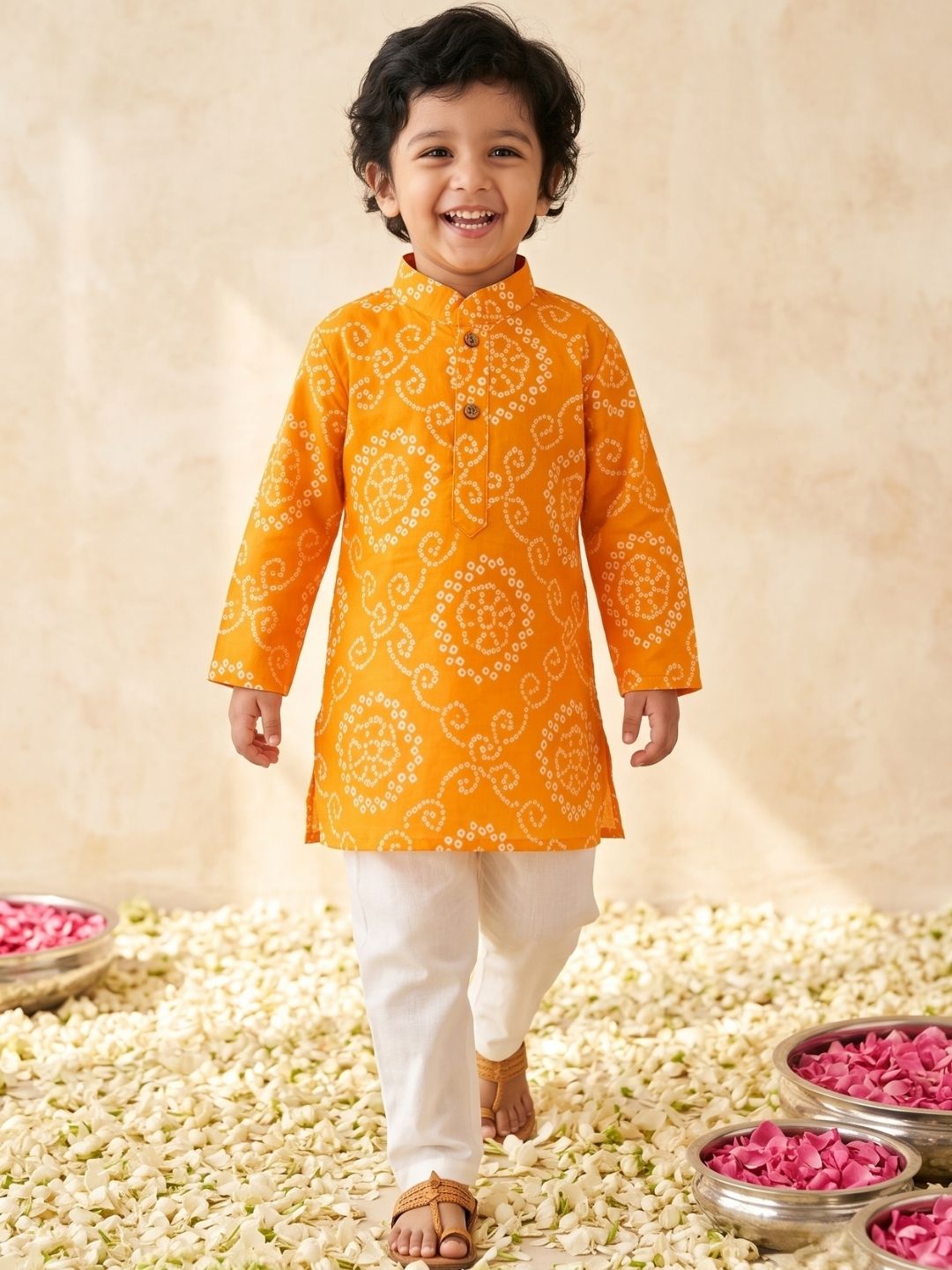 Kids Boys Yellow Cotton Full sleeves Floral Print Kurta Pyjama Set