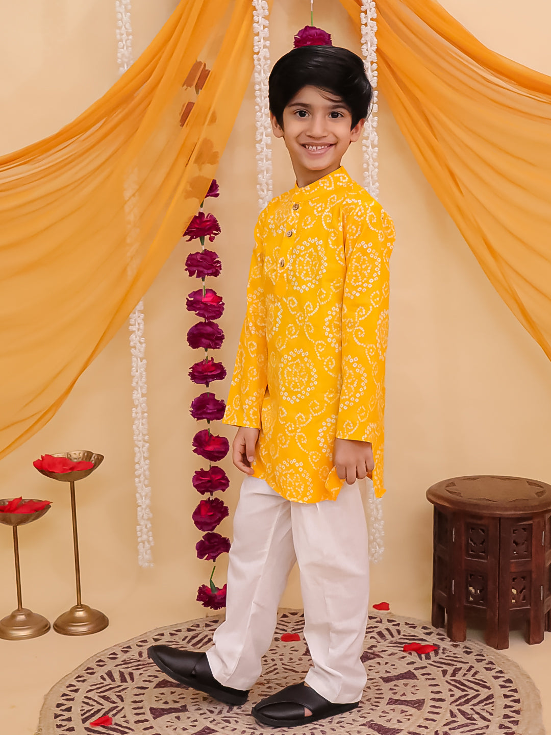 Kids Boys Yellow Cotton Full sleeves Floral Print Kurta Pyjama Set