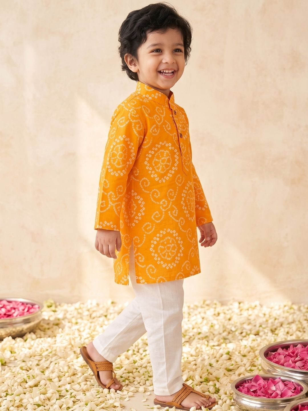 Kids Boys Yellow Cotton Full sleeves Floral Print Kurta Pyjama Set