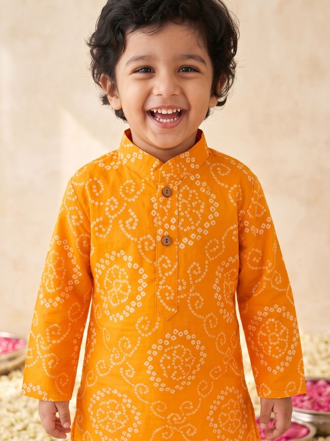 Kids Boys Yellow Cotton Full sleeves Floral Print Kurta Pyjama Set