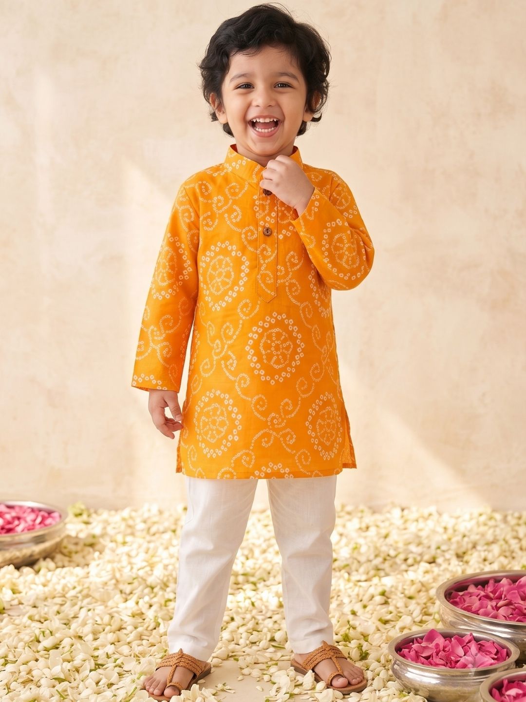 Kids Boys Yellow Cotton Full sleeves Floral Print Kurta Pyjama Set