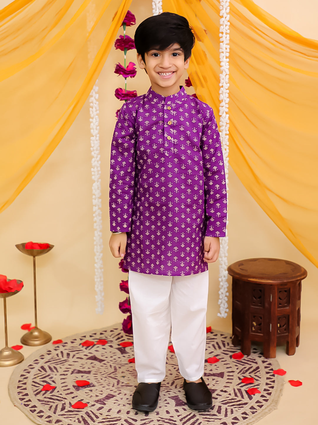 Boys Purple Cotton Full sleeves Floral Print Kurta Pyjama Set