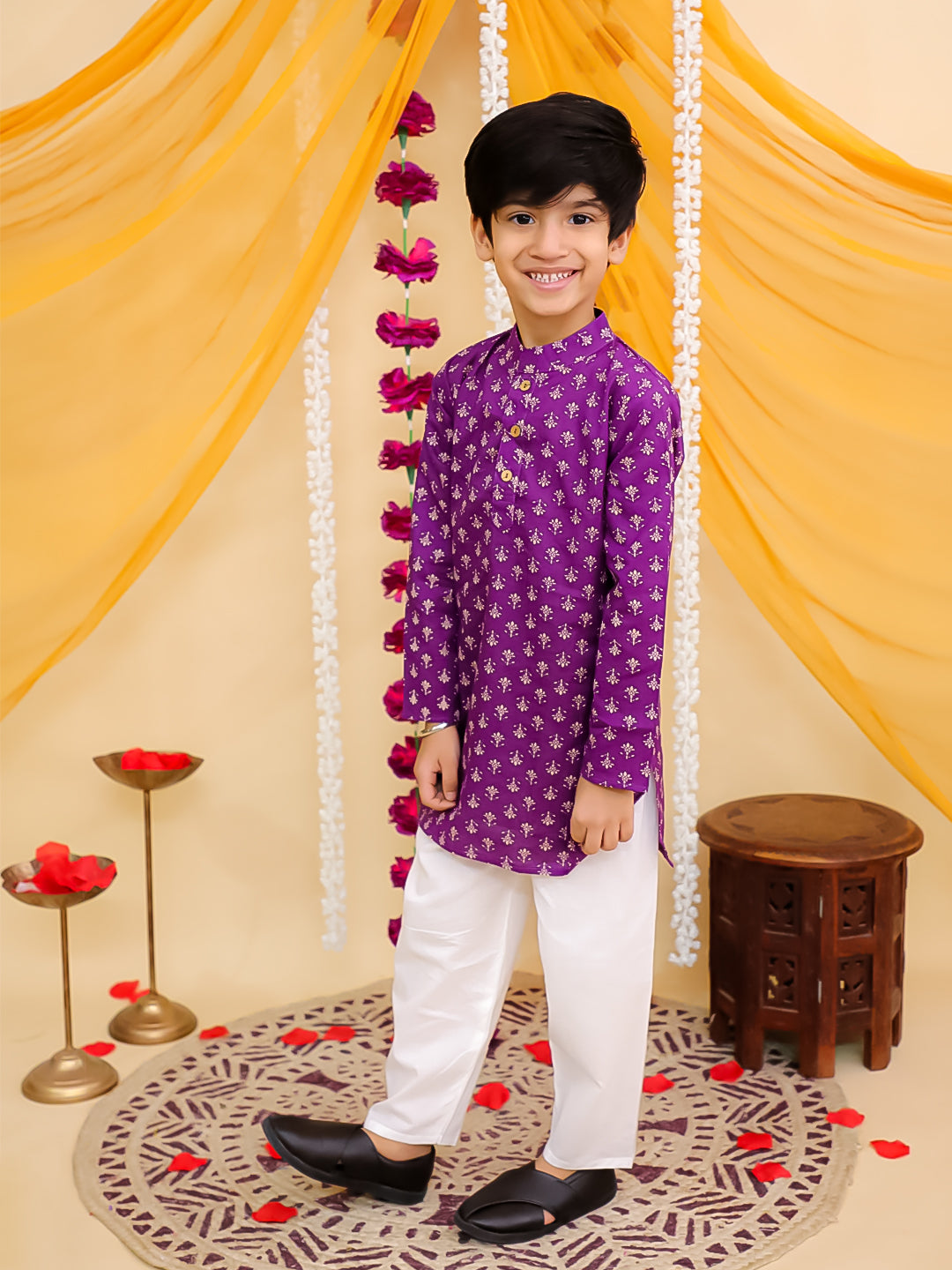 Boys Purple Cotton Full sleeves Floral Print Kurta Pyjama Set - AJ Dezines