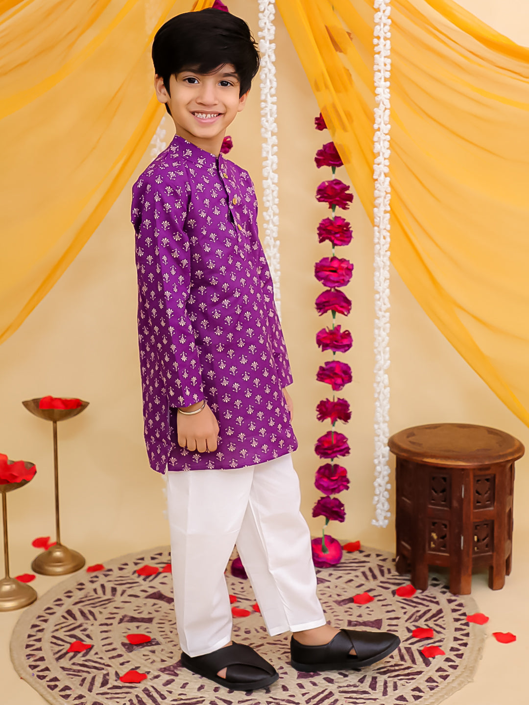 Boys Purple Cotton Full sleeves Floral Print Kurta Pyjama Set