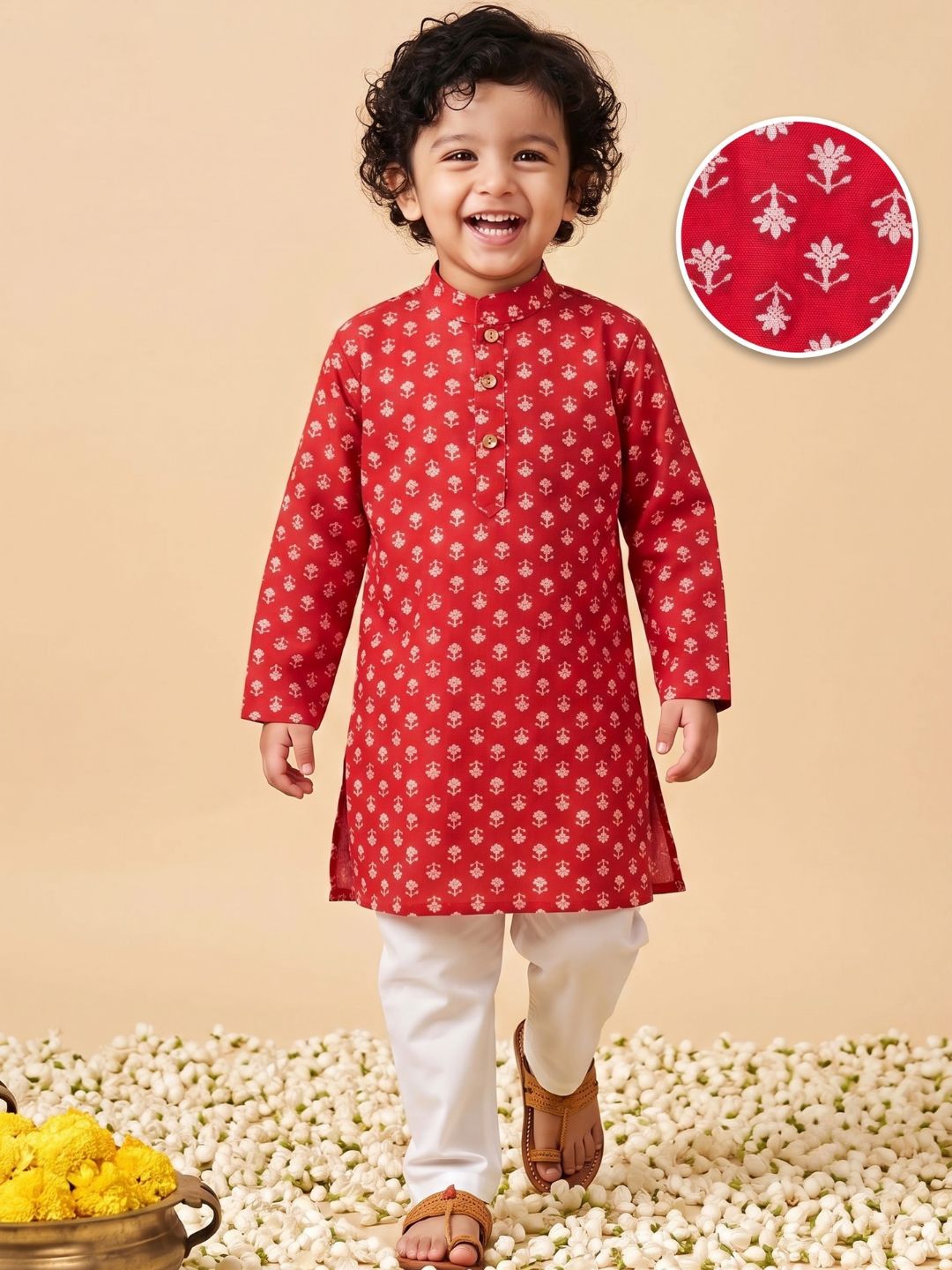 Boys Red Cotton Full sleeves Floral Print Kurta Pyjama Set