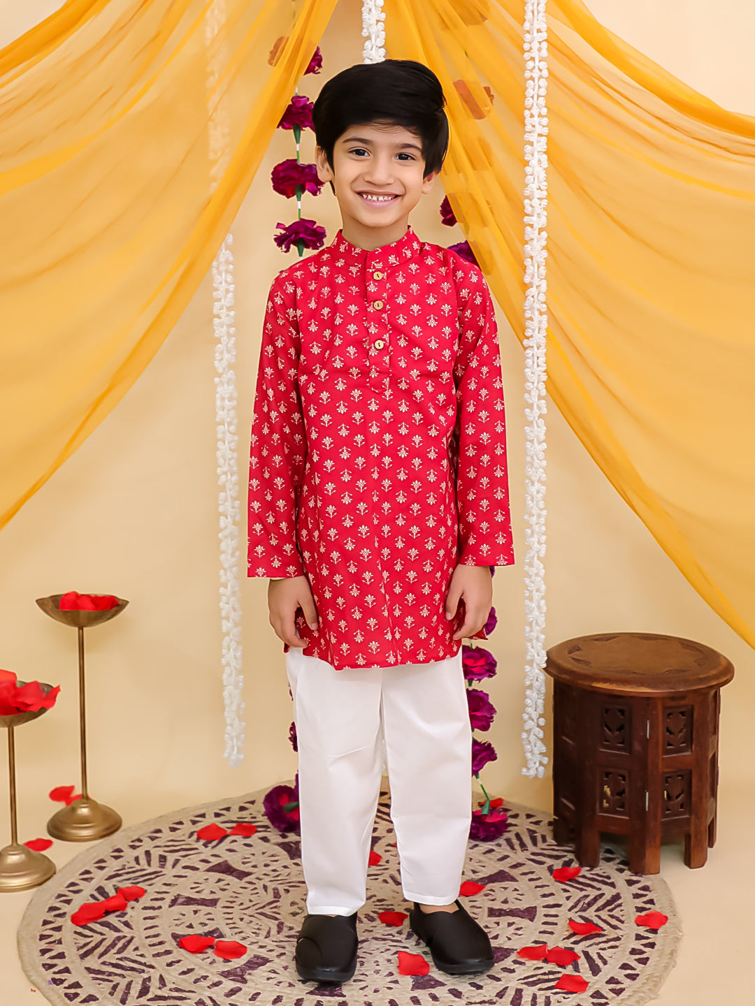 Boys Red Cotton Full sleeves Floral Print Kurta Pyjama Set