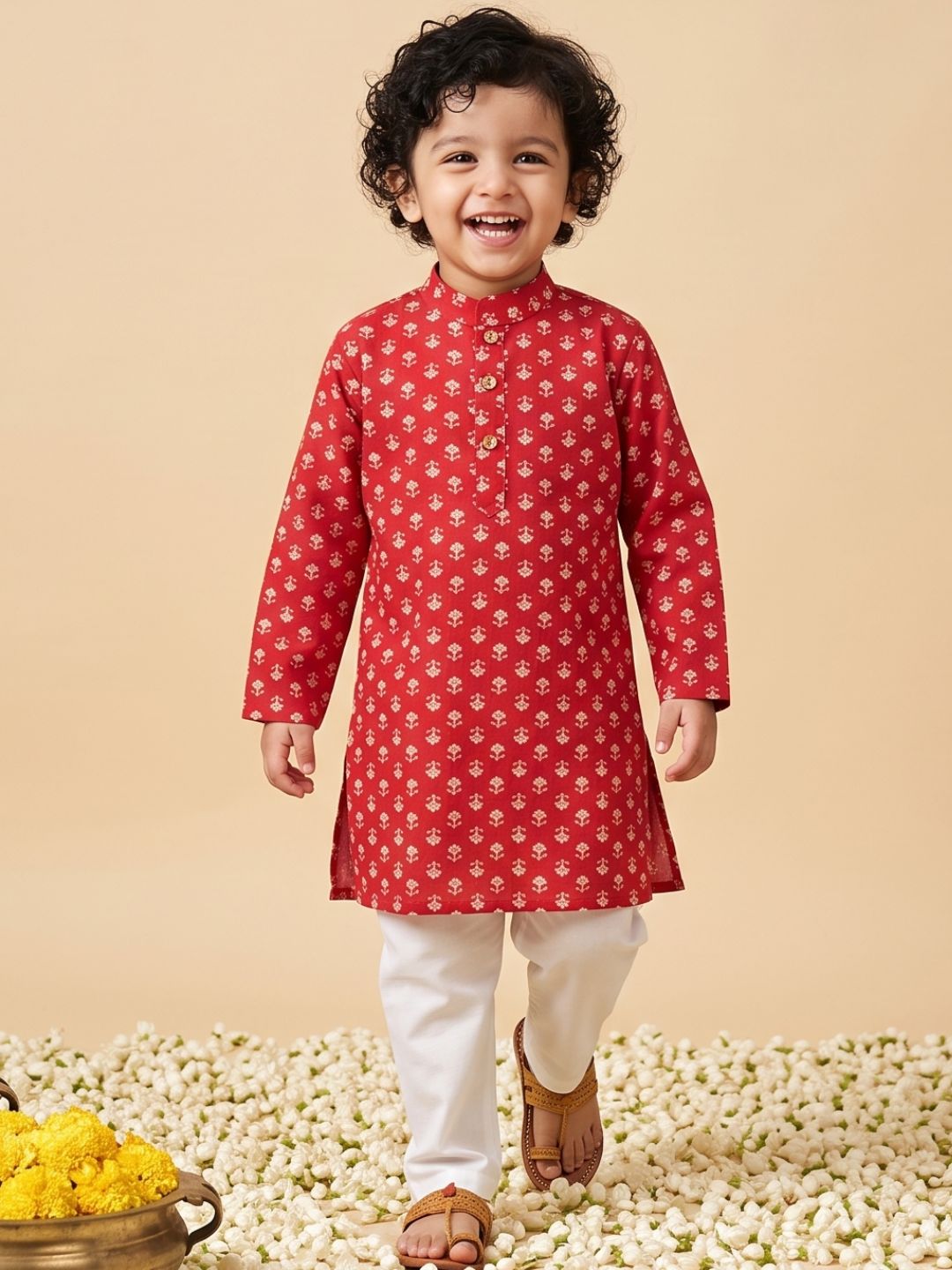 Boys Red Cotton Full sleeves Floral Print Kurta Pyjama Set