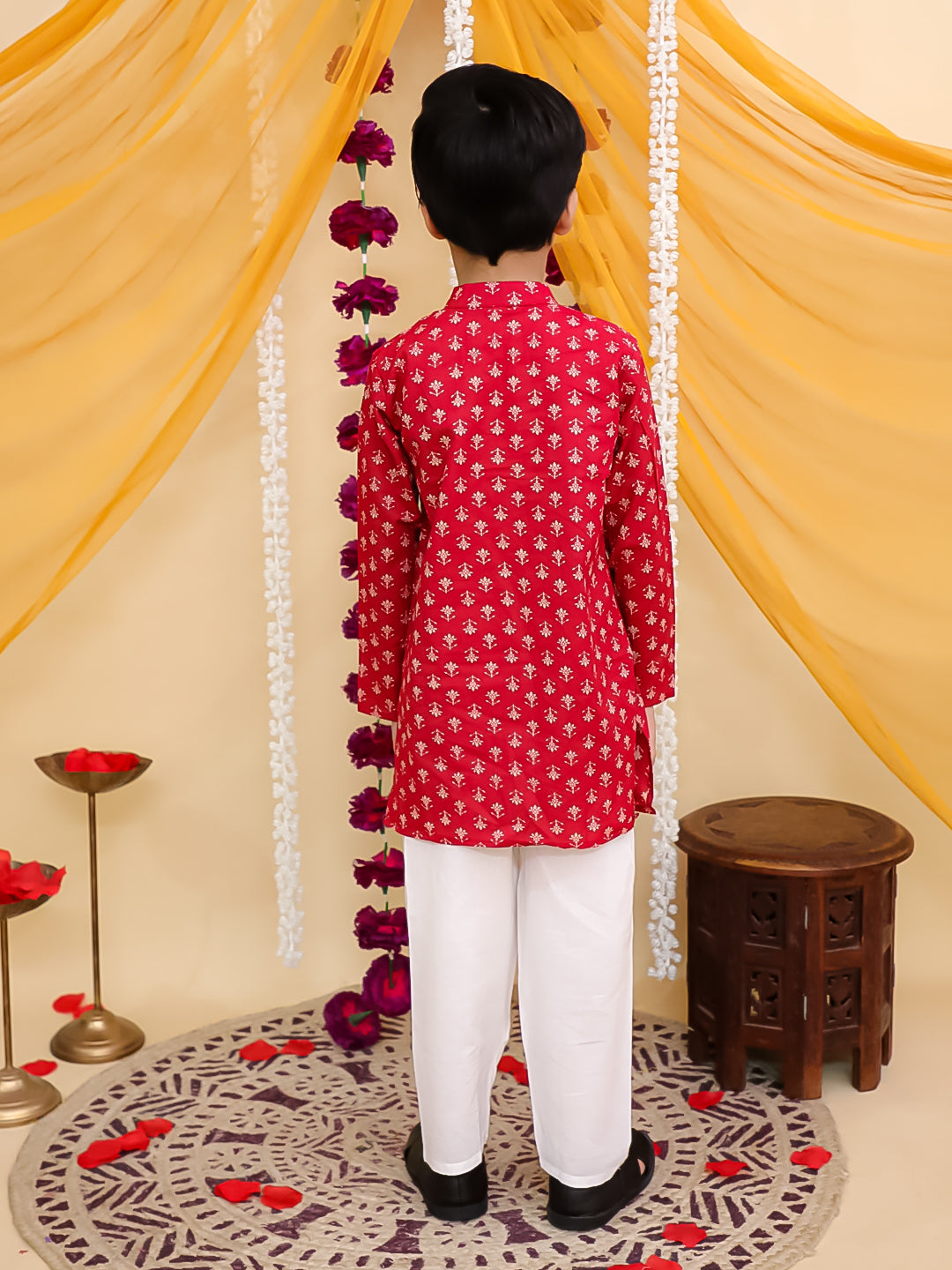 Boys Red Cotton Full sleeves Floral Print Kurta Pyjama Set