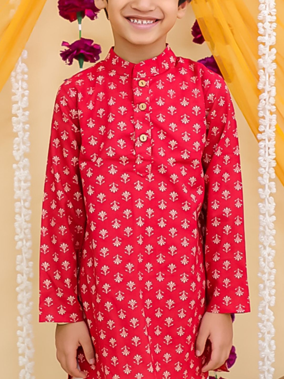 Boys Red Cotton Full sleeves Floral Print Kurta Pyjama Set